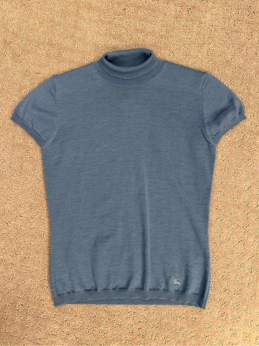 Burberry Merino Wool Dusty Blue Short-Sleeve Turtleneck Sweater Designer Small